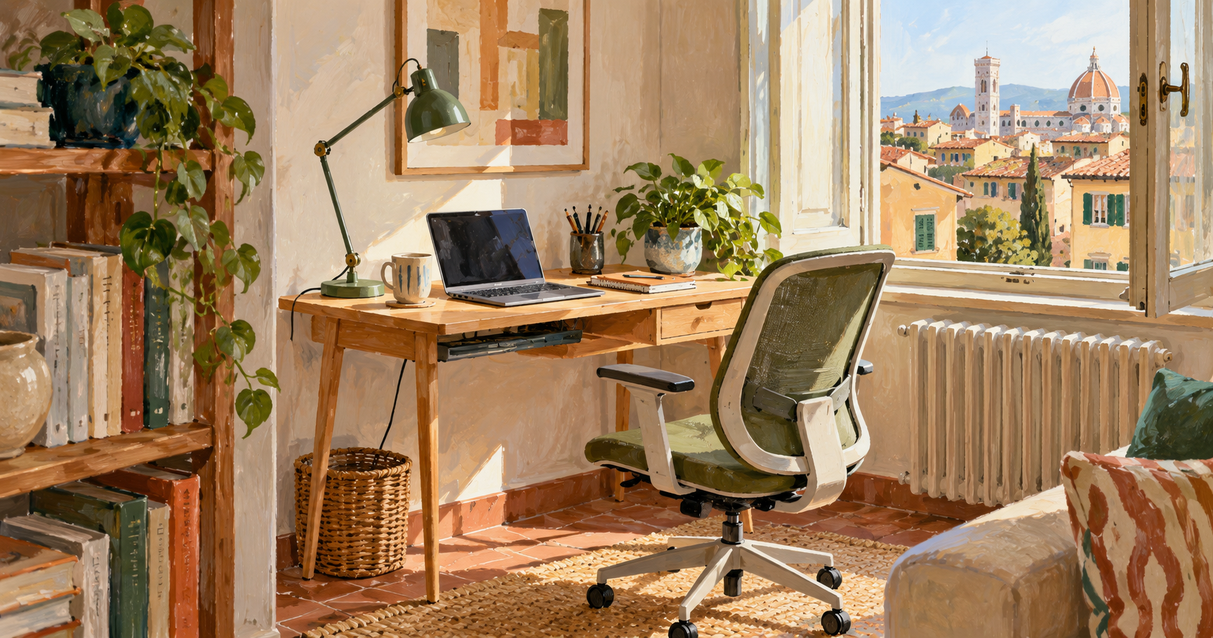 Un angolo studio in casa, anche quando lo spazio è poco — illustrazione originale